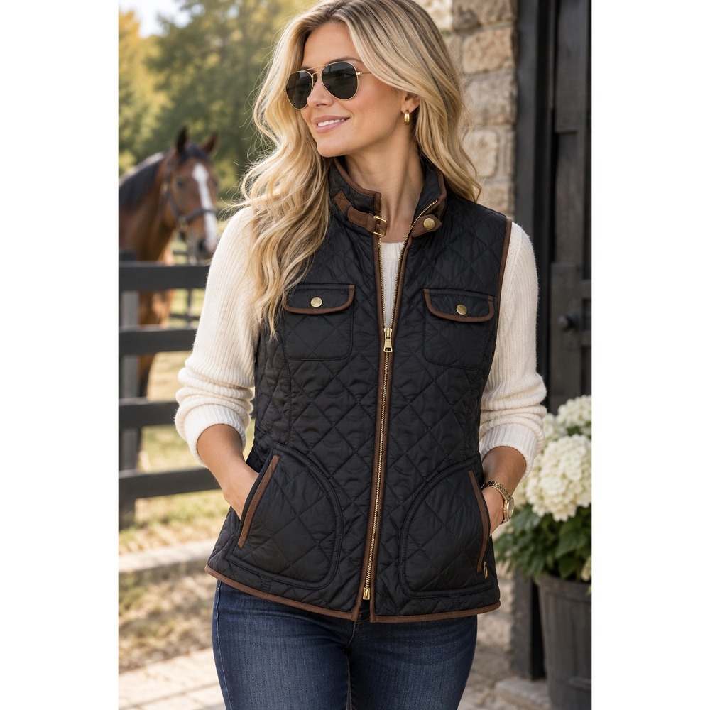 Banana Republic Quilted Vest Women's Small Black Brown Trim Equestrian Utility